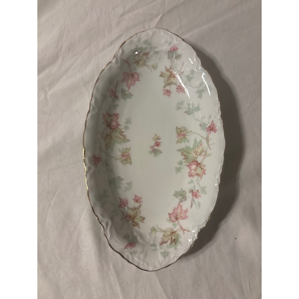 Hutschenreuther Selb Relish Dish Bavaria Pink Green Leaf Gold Trim 8.5"